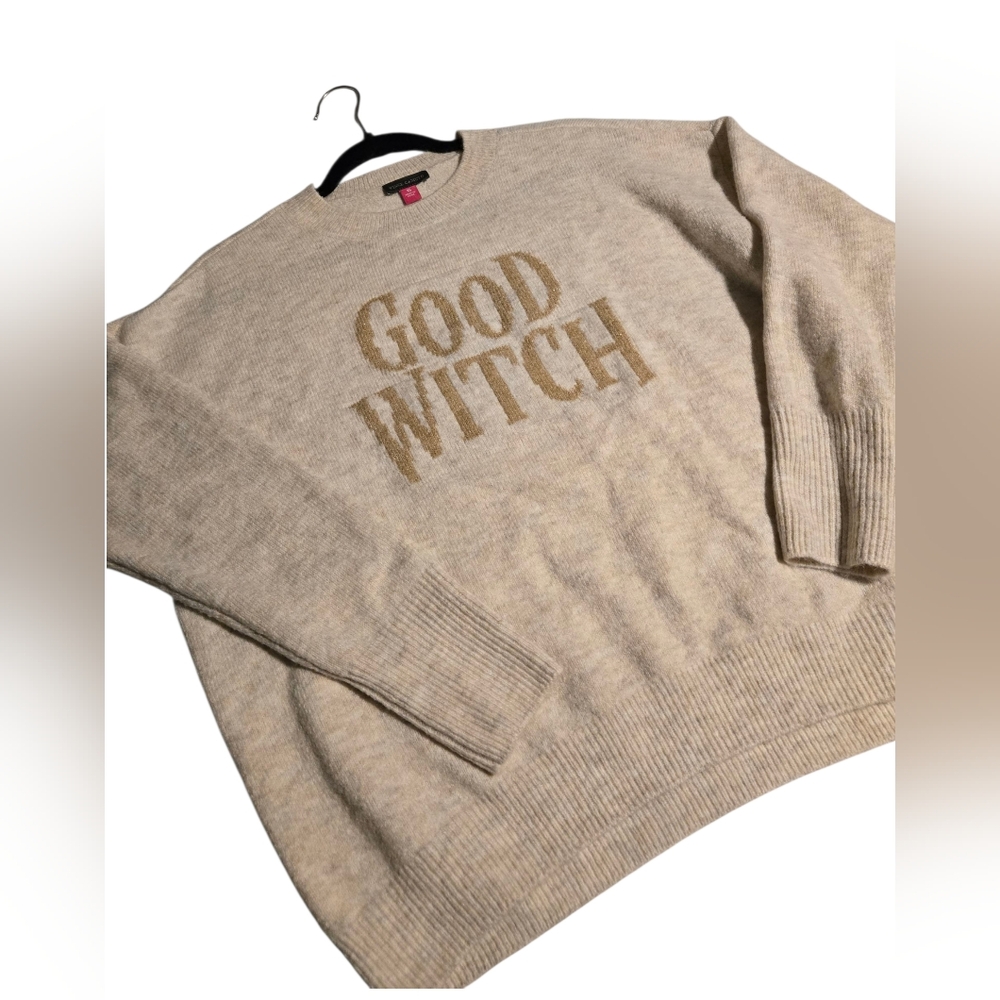 Vince Camuto Cream Sweater with Gold Good Witch Print